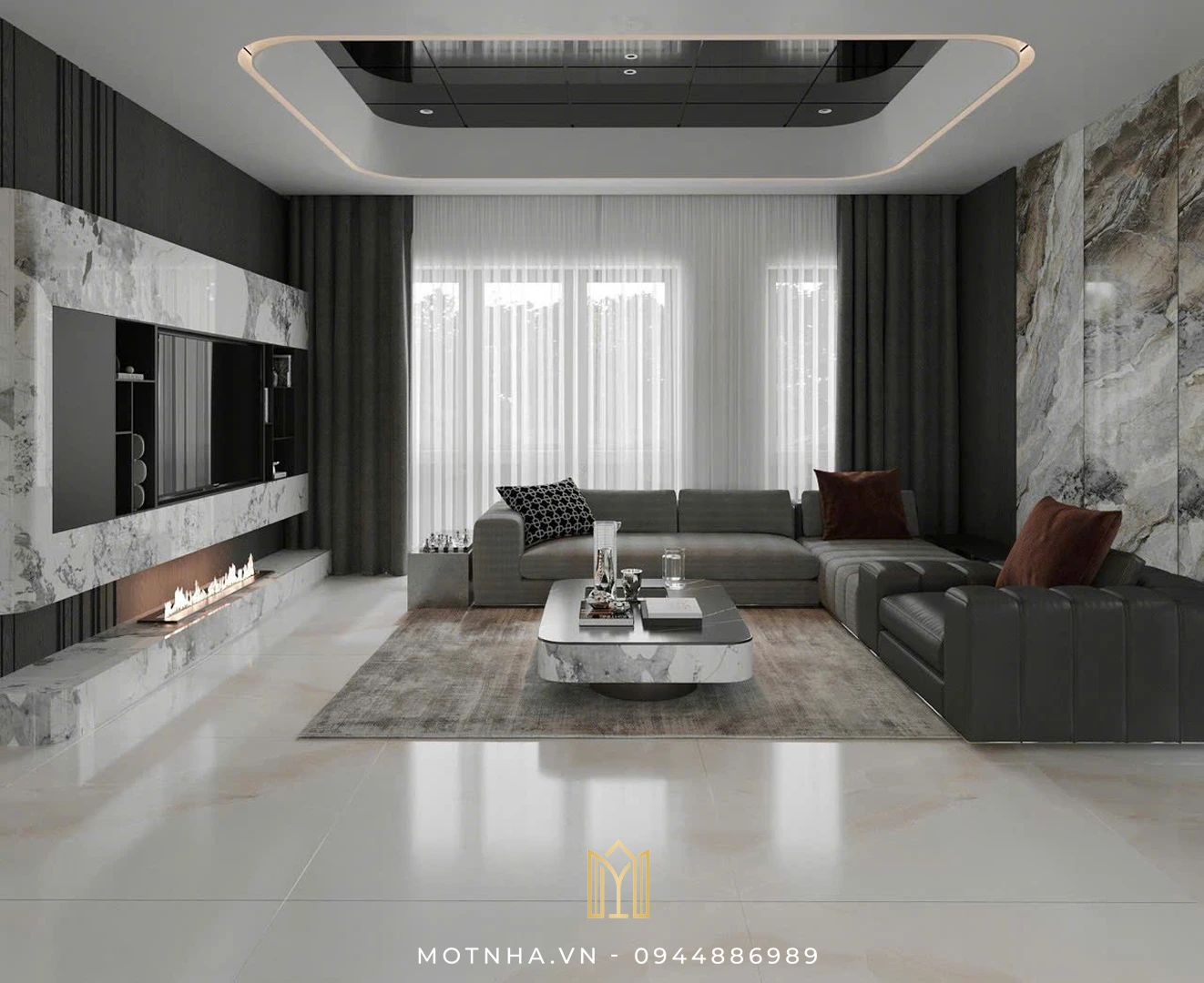 Dịch vụ thiết kế nội thất phòng khách đẹp, chuẩn phong thủy tại Sơn La cùng Một Nhà Design & Build Phong cách nội thất hiện đại tối giản, nhưng đầy chiều sâu và cá tính.