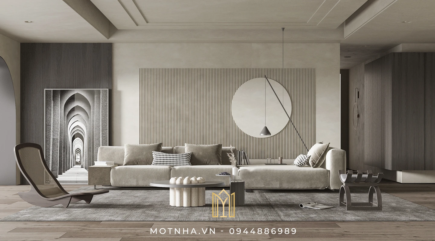 Dịch vụ thiết kế nội thất phòng khách đẹp, chuẩn phong thủy tại Sơn La cùng Một Nhà Design & Build Thiết kế nội thất phòng khách nhà phố phong cách Wabi Sabi