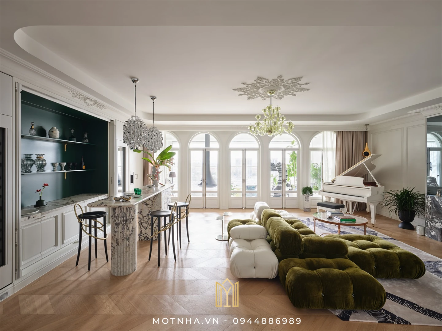 Dịch vụ thiết kế nội thất phòng khách đẹp, chuẩn phong thủy tại Sơn La cùng Một Nhà Design & Build Phong cách tân cổ điển mang lại một vẻ đẹp ấn tượng vượt thời gian