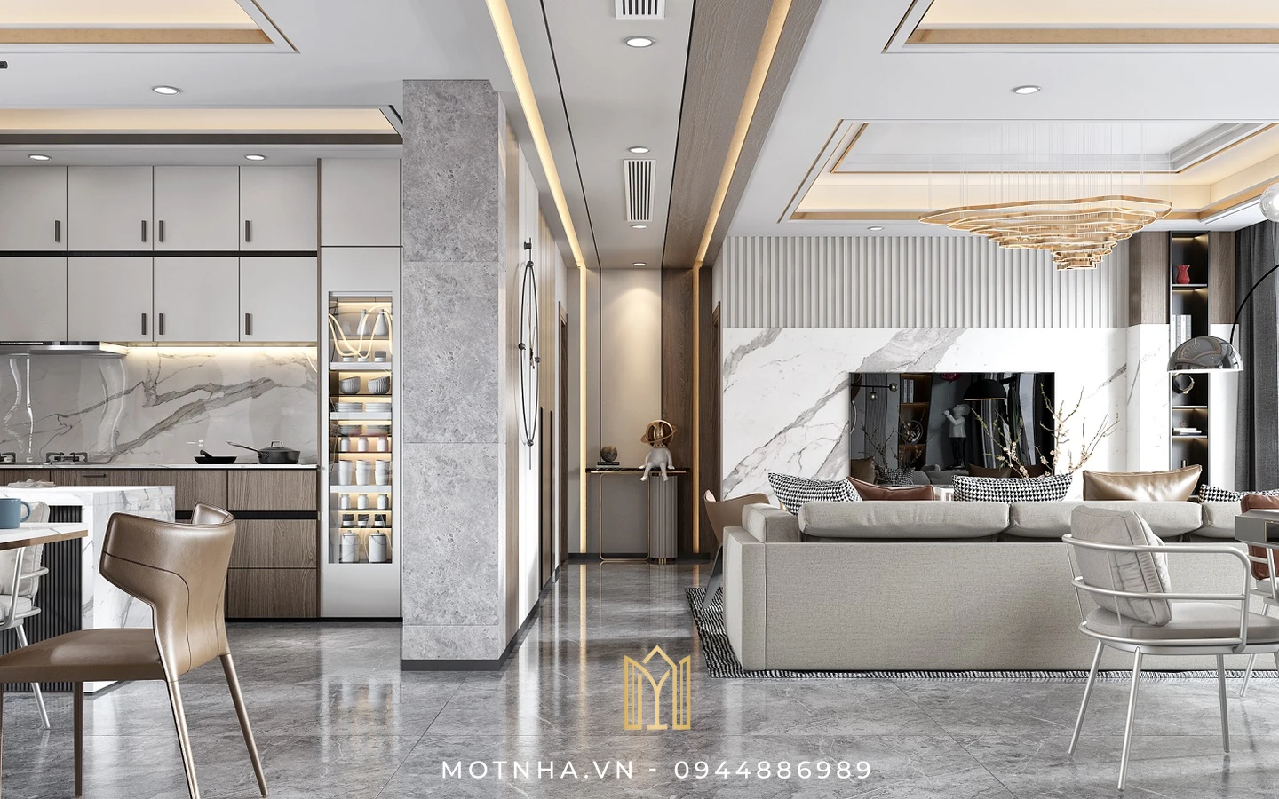 Dịch vụ thiết kế nội thất phòng khách đẹp, chuẩn phong thủy tại Sơn La cùng Một Nhà Design & Build Thiết kế liền kề khách bếp là một xu hướng của thiết kế hiện đại