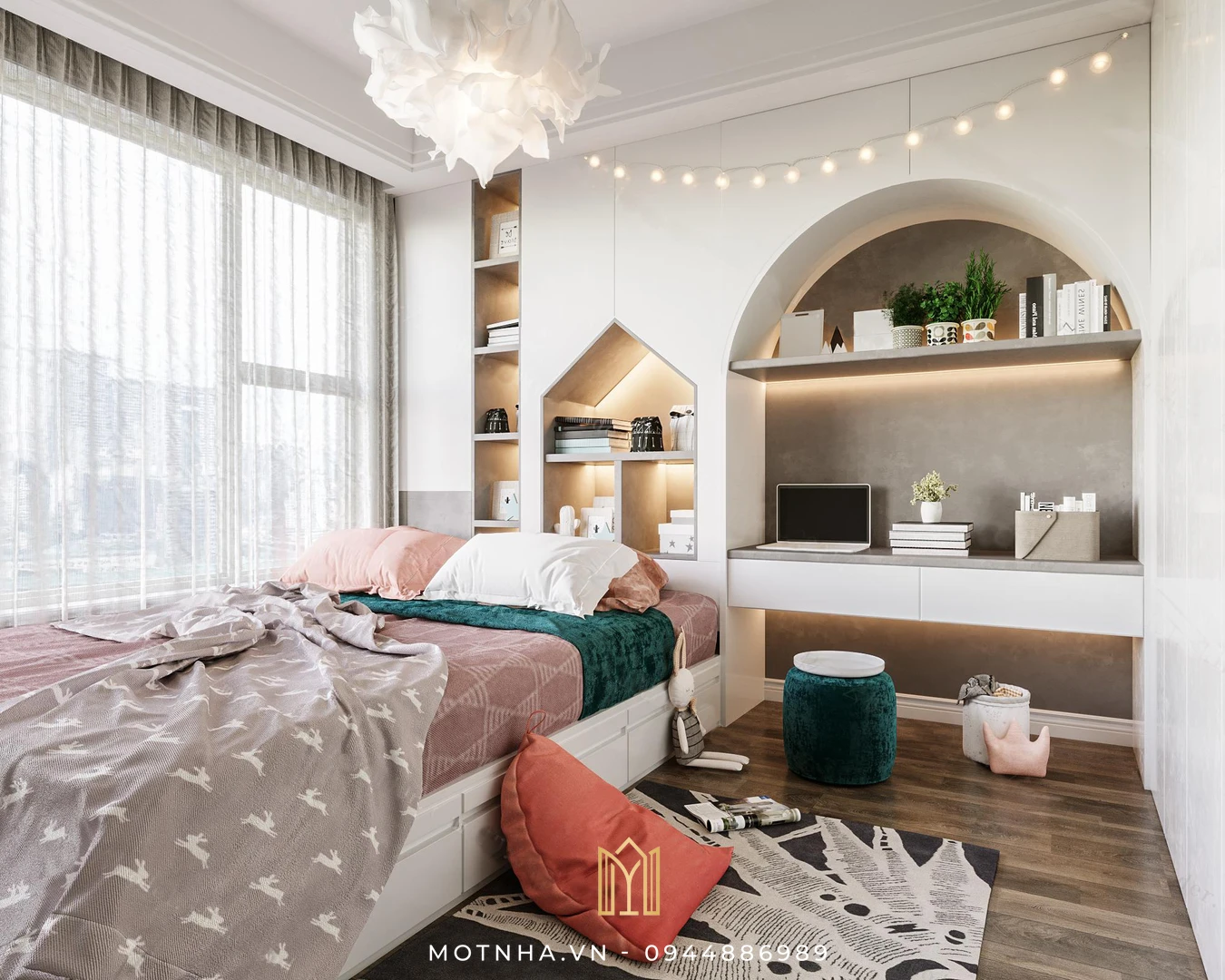Dịch vụ thiết kế và thi công nội thất phòng ngủ chuyên nghiệp tại Sơn La cùng Một Nhà Design & Build Nội thất mềm mại, kết hợp giữa góc học tập và vui chơi