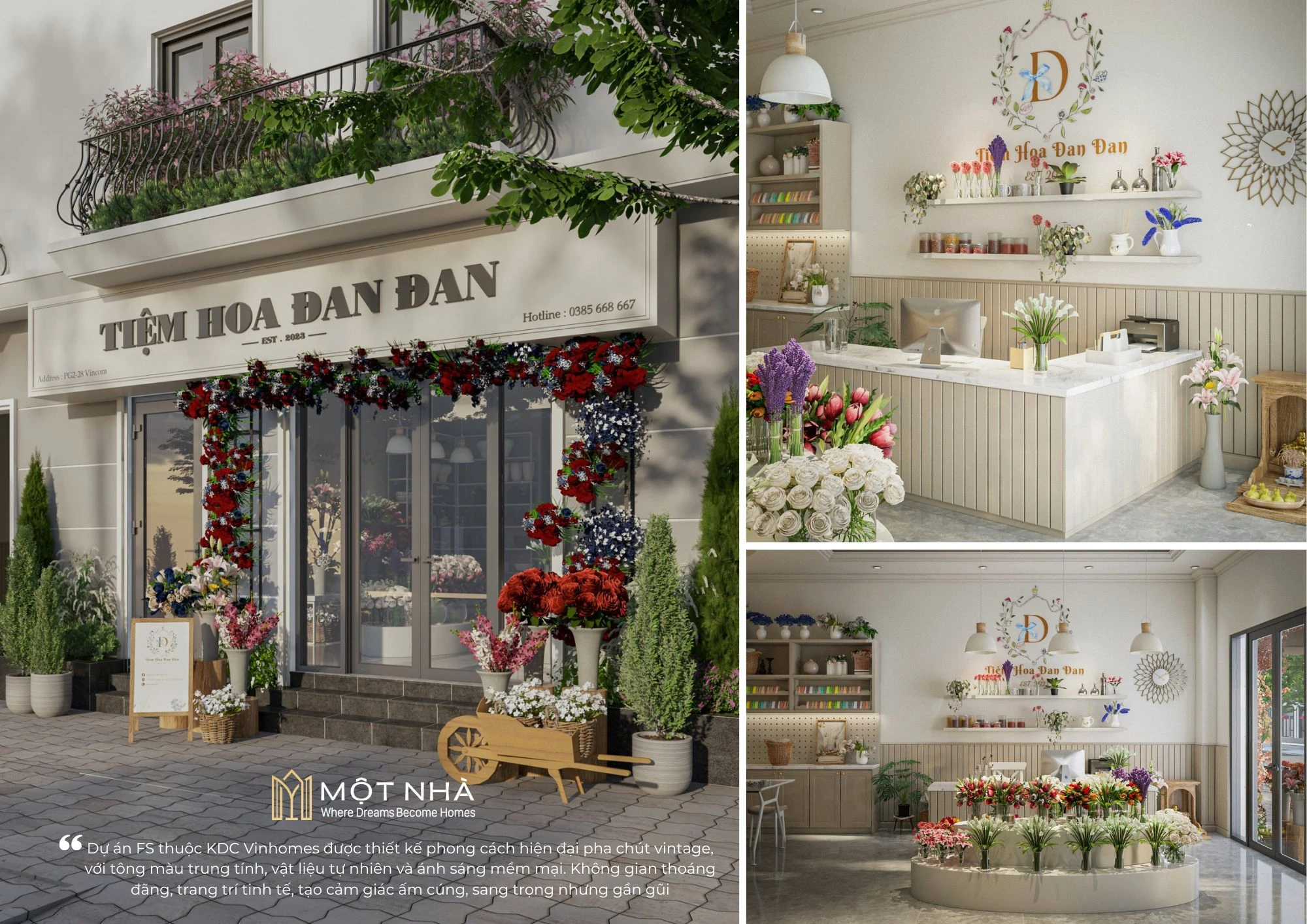Shop hoa Đan Đan – thiết kế nhẹ nhàng, tinh tế tạo cảm giác thoáng sáng và thanh lịch.