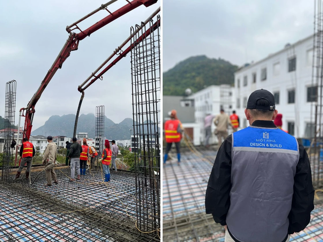 Quy trình đổ bê tông mái tại dự án xây nhà trọn gói LHS – Chuẩn kỹ thuật và an toàn Quá trình đổ bê tông diễn ra đúng kỹ thuật dưới dự giám sát của đội ngũ kỹ sư Một Nhà