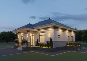 Không gian nhà mái Nhật lung linh khi lên đèn, hệ thống chiếu sáng nhấn mạnh vẻ sang trọng và ấm cúng của mặt tiền.