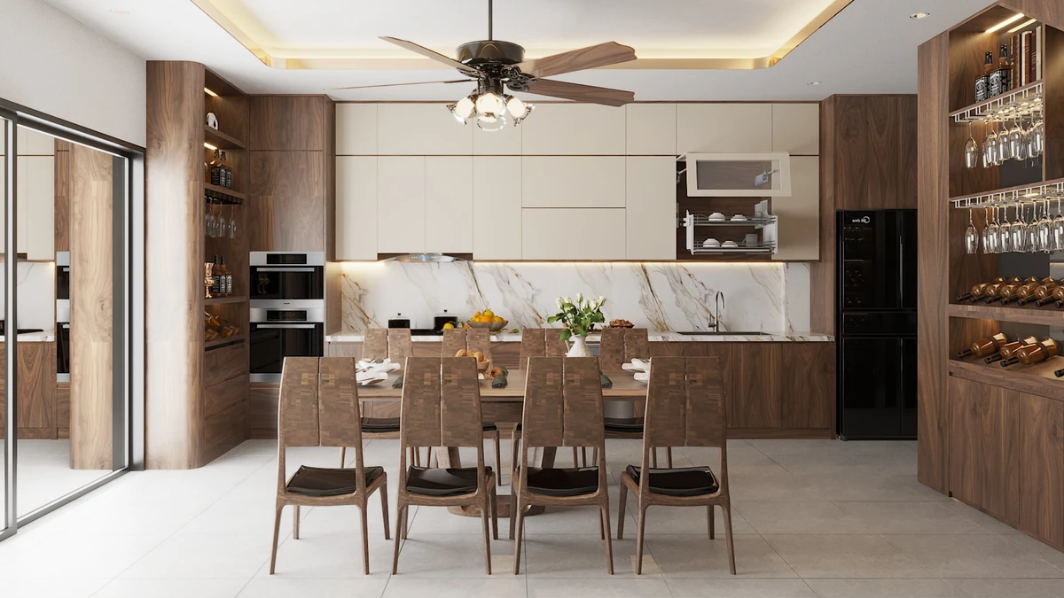 Dự án thiết kế và thi công nội thất nhà phố 4 tầng tại KĐT An Phú - Sơn La Thiết kế bếp chữ L tối ưu diện tích, mang lại sự thoải mái khi nấu nướng.