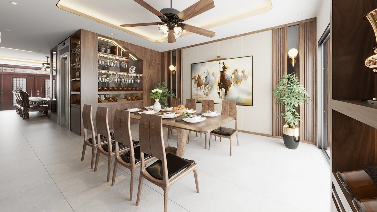 Dự án thiết kế và thi công nội thất nhà phố 4 tầng tại KĐT An Phú - Sơn La Hệ tủ rượu và kệ trang trí tinh tế, tạo điểm nhấn sang trọng cho khu vực bếp.
