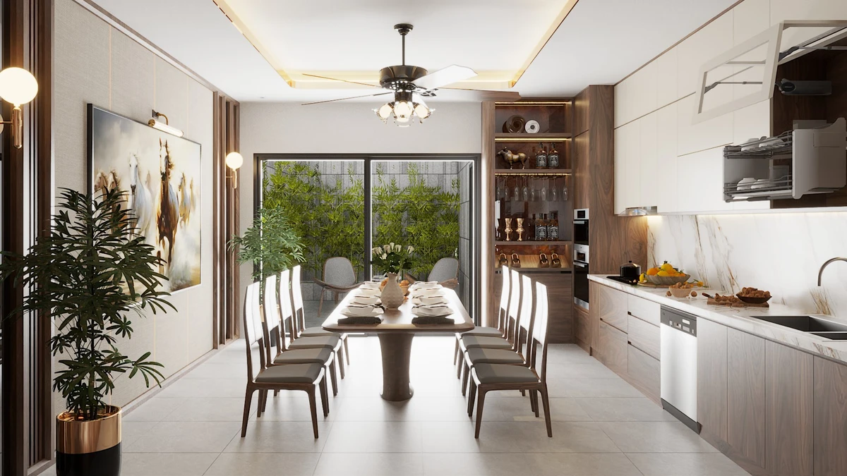 Dự án thiết kế và thi công nội thất nhà phố 4 tầng tại KĐT An Phú - Sơn La Sự kết hợp giữa gỗ và đá vân mây – vừa hiện đại vừa ấm cúng.