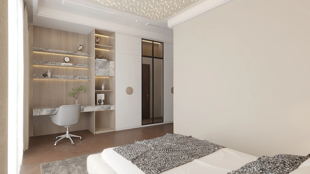 Dự án thiết kế và thi công nội thất nhà phố 4 tầng tại KĐT An Phú - Sơn La Không gian phòng ngủ con gái lãng mạn với ánh sáng dịu và chi tiết decor tinh tế.