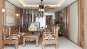 Không gian phòng khách sang trọng với nội thất gỗ tự nhiên kết hợp gỗ công nghiệp, tôn lên vẻ ấm cúng và hiện đại.