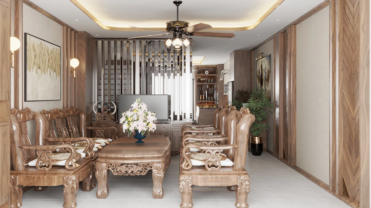 Dự án thiết kế và thi công nội thất nhà phố 4 tầng tại KĐT An Phú - Sơn La Không gian phòng khách sang trọng với nội thất gỗ tự nhiên kết hợp gỗ công nghiệp, tôn lên vẻ ấm cúng và hiện đại.