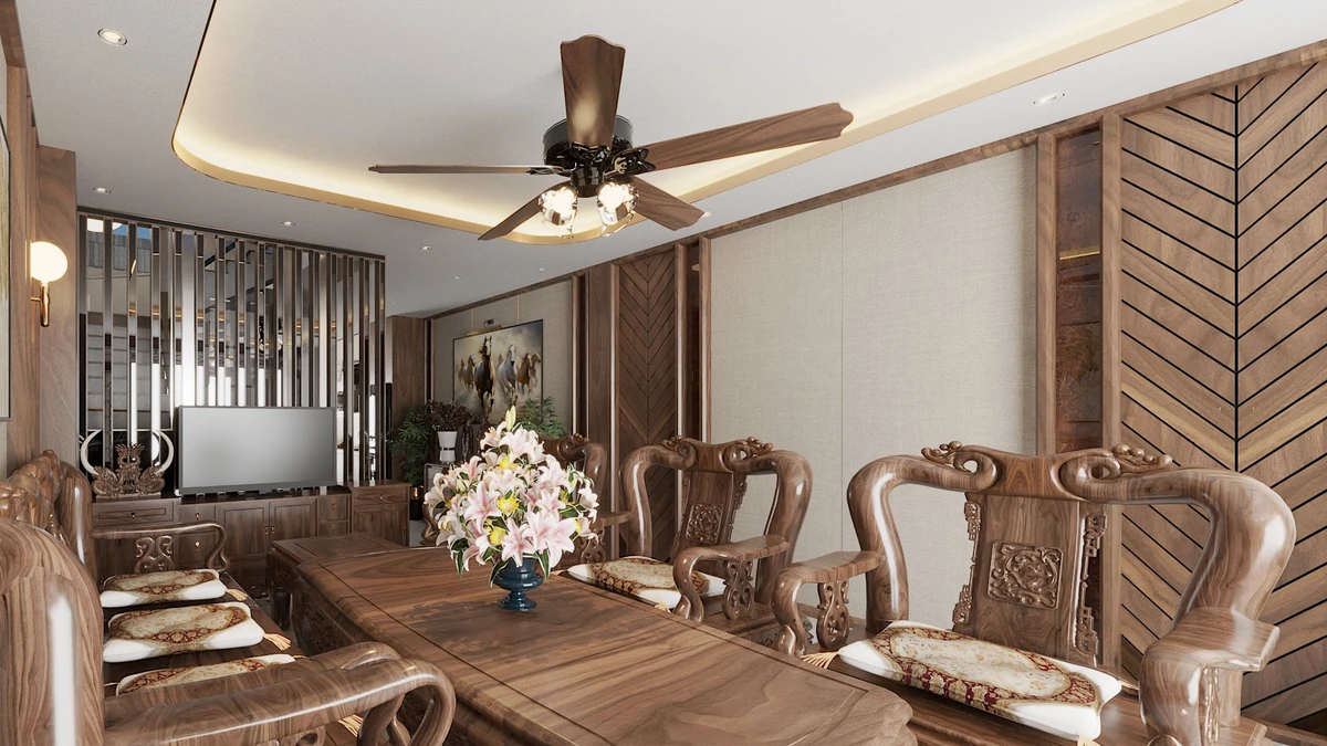 Dự án thiết kế và thi công nội thất nhà phố 4 tầng tại KĐT An Phú - Sơn La Bộ bàn ghế gỗ chạm khắc tinh xảo – điểm nhấn khẳng định gu thẩm mỹ và giá trị bền vững của gia chủ.