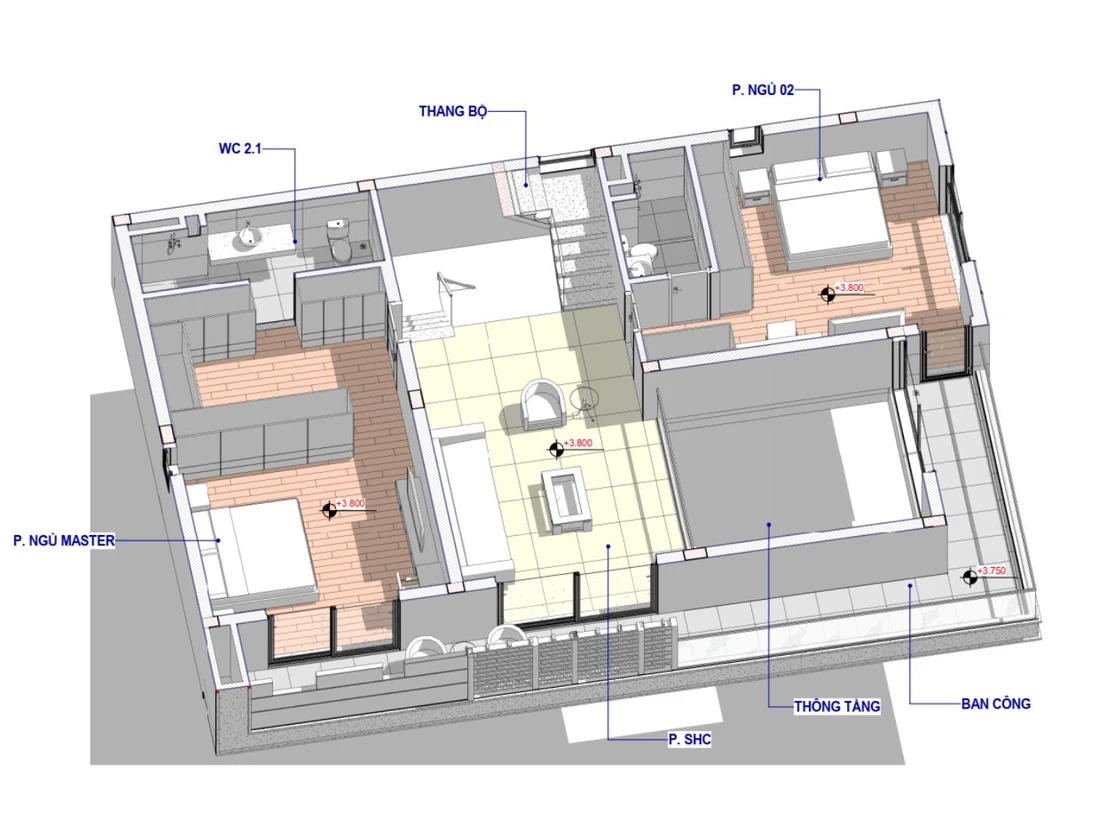 Dự án thiết kế villa phố 3 tầng NPZ – Kiến trúc hiện đại cho cuộc sống thượng lưu tại Sơn La Mặt bằng bố trí công năng tầng 2