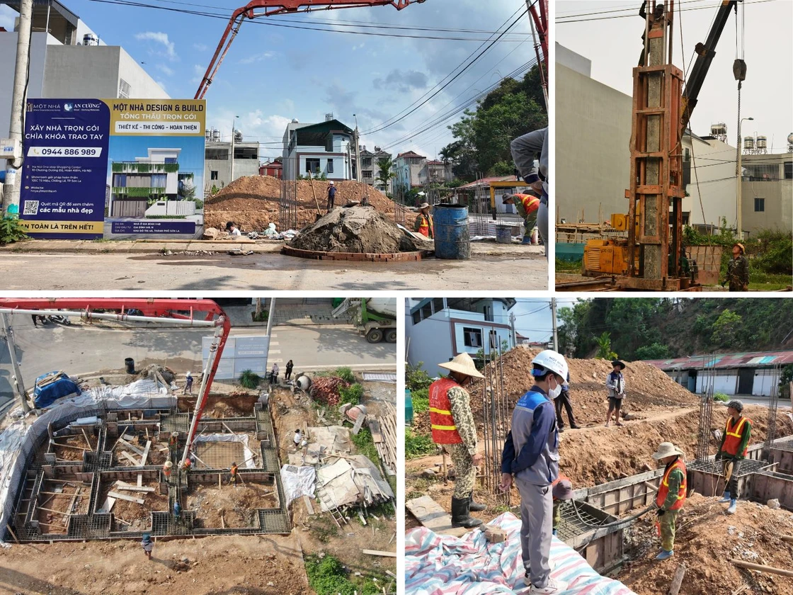 Dự án xây nhà trọn gói H4B – Mẫu nhà phố 3 tầng hiện đại tại Sơn La Công tác ép cọc và đổ bê tông móng