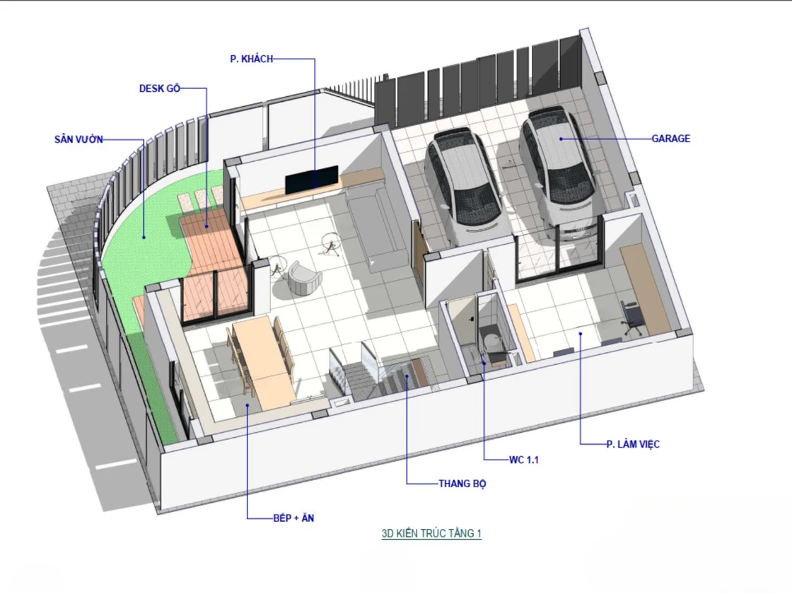 Dự án xây nhà trọn gói H4B – Mẫu nhà phố 3 tầng hiện đại tại Sơn La Mặt bằng bố trí công năng tầng 1
