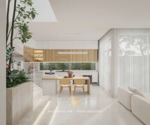 Ô cửa kính chạy dọc bếp giúp lấy sáng và tạo điểm nhấn cho không gian